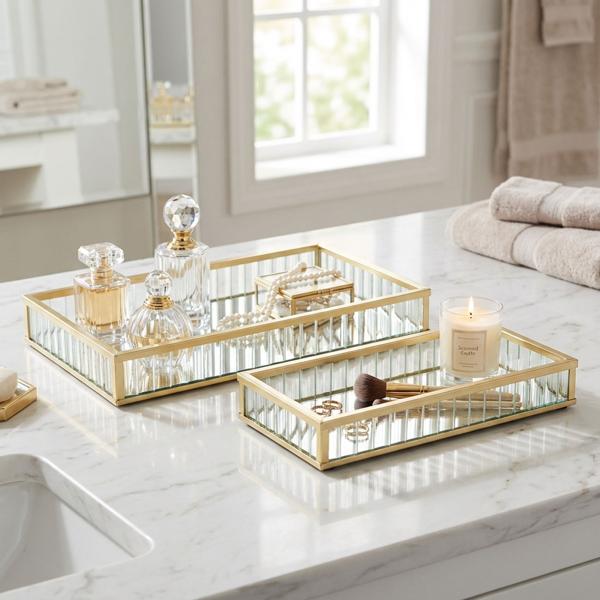 Lussuoso set di vassoi decorativi da 2 pezzi in vetro e metallo, oro – vassoio rettangolare portagioie e da portata, base per cosmetici – ideale per bagno e tavolo da trucco