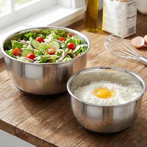 Set professionnel de bols mélangeurs 2 pièces en acier inoxydable – saladier avec fond en silicone antidérapant – bols de cuisine empilables Ø 16,7 cm & 20,5 cm