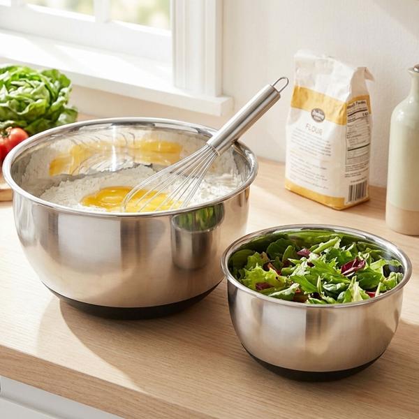 Set professionnel de bols mélangeurs 2 pièces en acier inoxydable – saladier avec fond en silicone antidérapant – bols de cuisine empilables Ø 16,7 cm & 20,5 cm