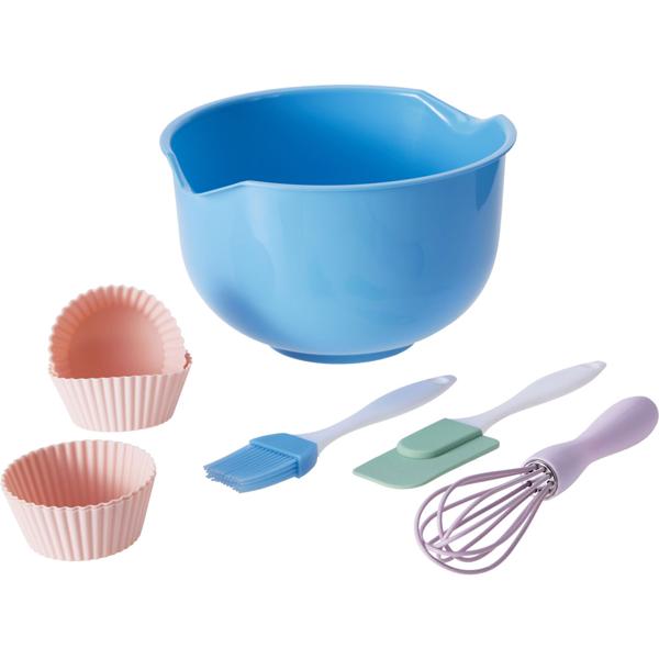 Set da forno per bambini da 10 pezzi con ciotola per impasto, frusta, spatola e 6 pirottini in silicone, accessori da forno colorati per piccoli pasticceri