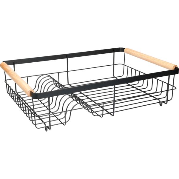 Moderno scolapiatti in metallo con vassoio raccogligocce – rastrelliera per piatti, bicchieri e posate – robusto con manici in legno