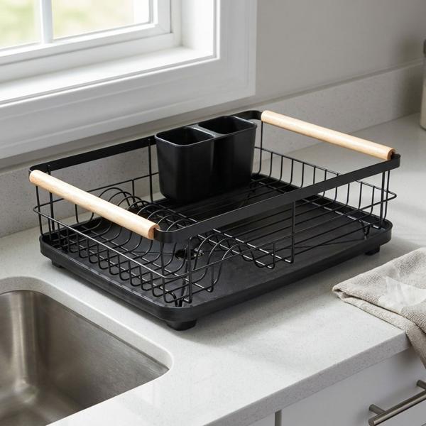 Moderno scolapiatti in metallo con vassoio raccogligocce – rastrelliera per piatti, bicchieri e posate – robusto con manici in legno
