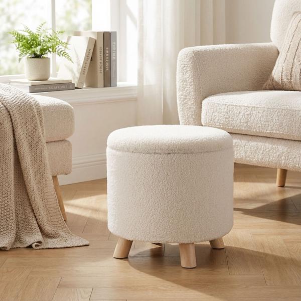 Élégant pouf de rangement blanc, doux tissu teddy, 40x37 cm, 11L d’espace de rangement, charge 100 kg, banquette décorative élégante avec rangement