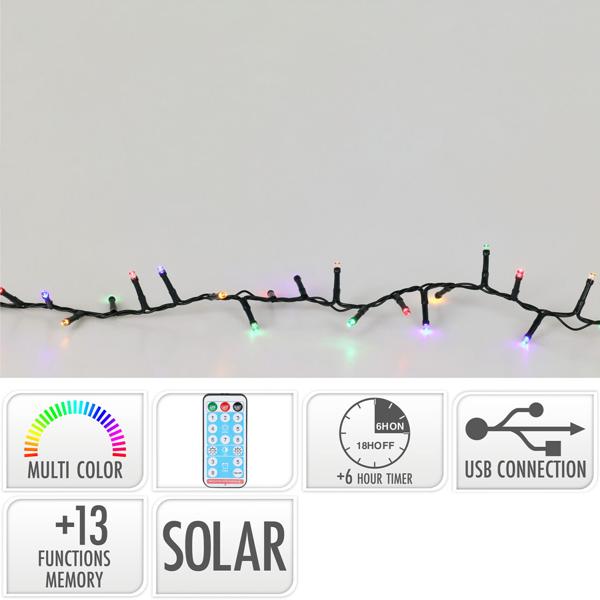 LED solar string lights, 768 LEDs, 5.6 m, 13 modes, remote control & timer – USB rechargeable, colourful light for garden, balcony & terrace