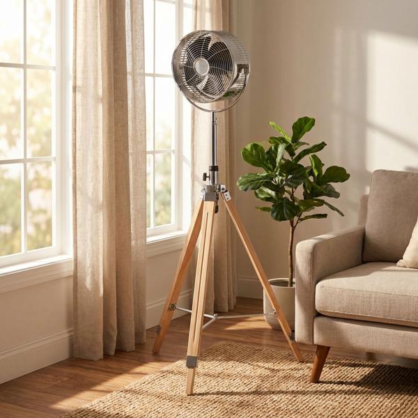 Design Stativventilator Holz & Metall, 80 Watt Standventilator Höhenverstellbar 85-135cm, 3 Stufen, 30cm Ventilator-Kopf