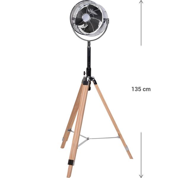 Design Stativventilator Holz & Metall, 80 Watt Standventilator Höhenverstellbar 85-135cm, 3 Stufen, 30cm Ventilator-Kopf