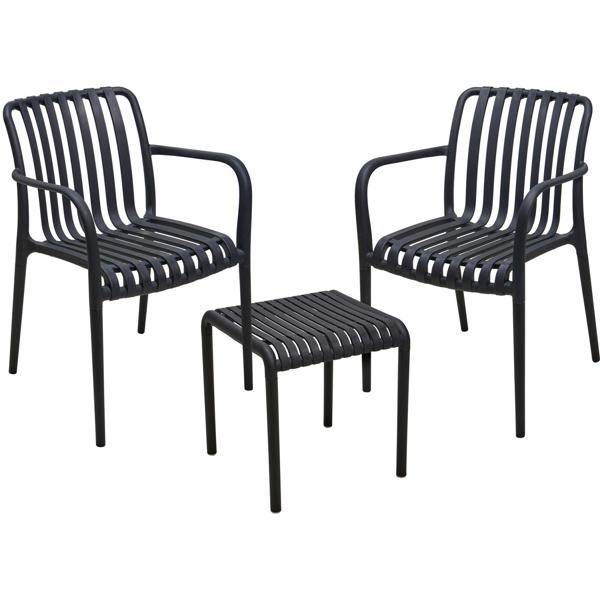 Set bistro moderne : 2 chaises de jardin avec accoudoirs et une élégante table d’appoint, noir – en plastique robuste, résistant aux intempéries, stylé et stable