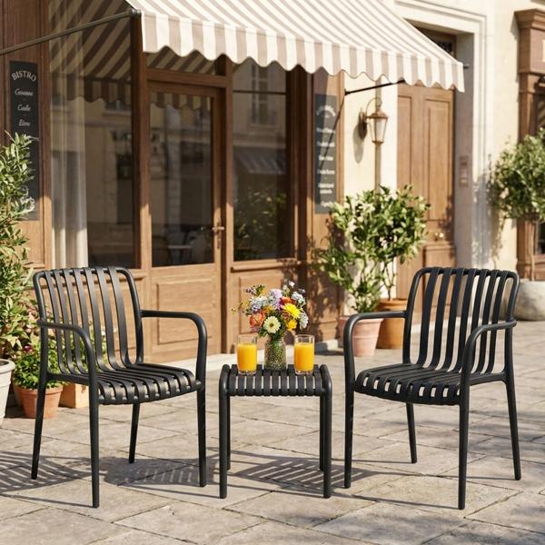 Moderno set bistro: 2 sedie da giardino con braccioli e un elegante tavolino d’appoggio, nero – in plastica robusta, resistente alle intemperie, stiloso e stabile