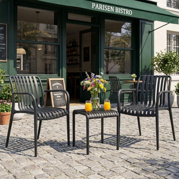 Moderno set bistro: 2 sedie da giardino con braccioli e un elegante tavolino d’appoggio, nero – in plastica robusta, resistente alle intemperie, stiloso e stabile