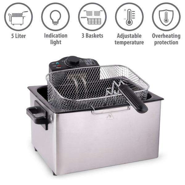Premium double-basket deep fryer 5 L stainless steel – 2000 W for fast, crispy results – professional cool-zone fryer with 3 baskets