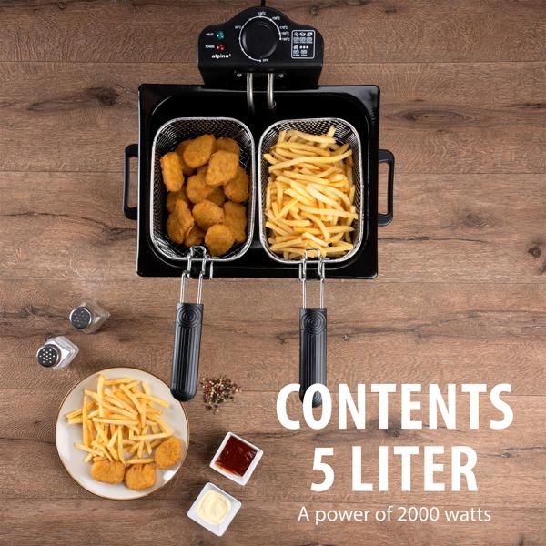 Premium double-basket deep fryer 5 L stainless steel – 2000 W for fast, crispy results – professional cool-zone fryer with 3 baskets