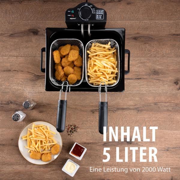 Premium Doppelkorb Fritteuse 5L Edelstahl – 2000W für schnelle, knusprige Ergebnisse - Profi Kaltzonen Fritteuse mit 3 Körben