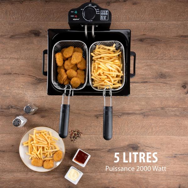Friteuse professionnelle double - 5 L acier inoxydable - 2000 W - Zone froide - 3 paniers - Température réglable 190 °C - Nettoyage facile