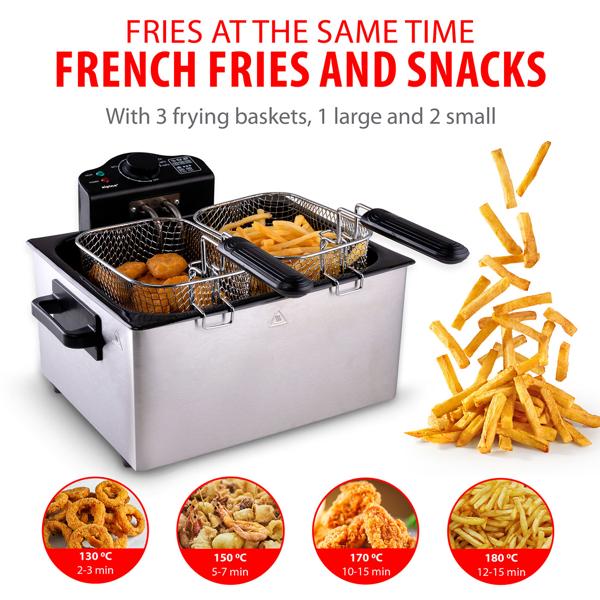 Premium double-basket deep fryer 5 L stainless steel – 2000 W for fast, crispy results – professional cool-zone fryer with 3 baskets