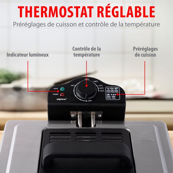 Friteuse professionnelle double - 5 L acier inoxydable - 2000 W - Zone froide - 3 paniers - Température réglable 190 °C - Nettoyage facile