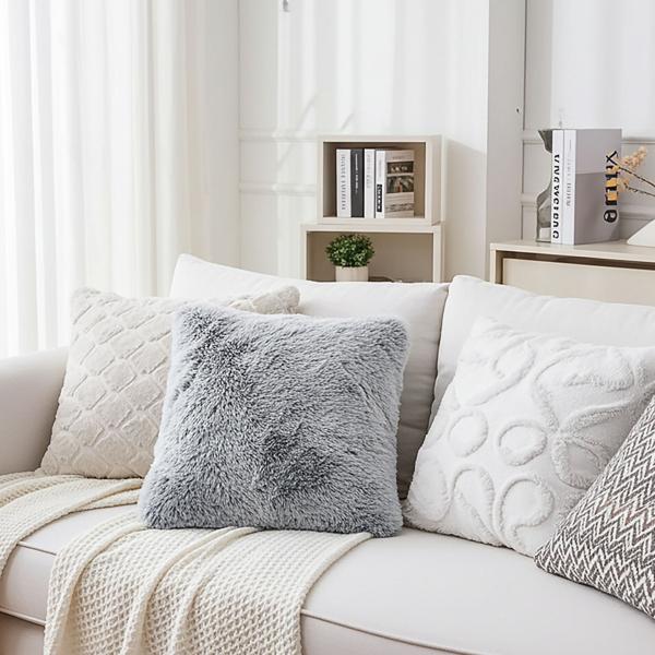 Cuscino decorativo soffice 45x45 cm - Fodera effetto pelliccia morbidissima, Finta pelliccia grigia, fodera rimovibile - Morbido, caldo e di facile manutenzione