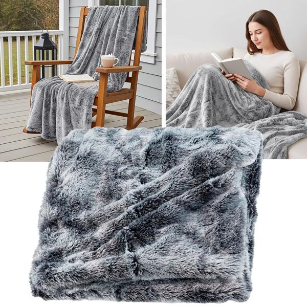 Couverture ultra douce au luxueux effet fourrure, 180 x 220 cm, gris – idéale pour des moments cocooning sur le canapé ou comme couvre-lit