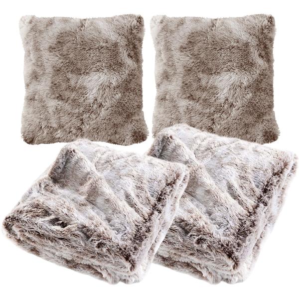 4-piece set Super-soft snuggle blankets 180 x 220 cm & 125 x 150 cm and 2 fluffy decorative cushions 45 x 45 cm in fur look, chocolate brown - For feel-good moments