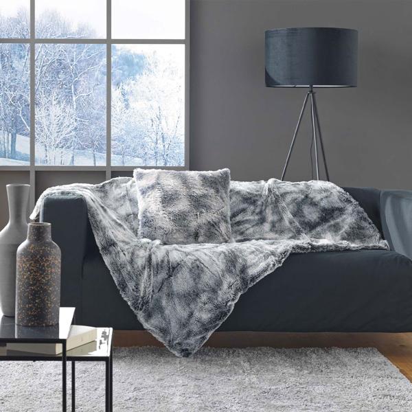 Set da 2: coperta super morbida 180 x 220 cm e cuscino decorativo soffice 45 x 45 cm effetto pelliccia, grigio - Per ore accoglienti sul divano