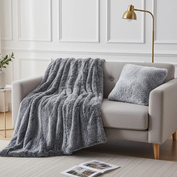 Set da 2 pezzi coperta super morbida 125 x 150 cm & cuscino decorativo soffice 45 x 45 cm effetto pelliccia, grigio - Per ore di relax sul divano