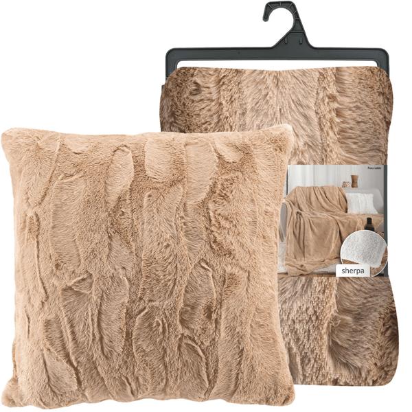 2-piece set cozy sofa blanket 180 x 220 cm & fluffy cushion 45 x 45 cm in fur-look, sand color - For cozy moments on the sofa