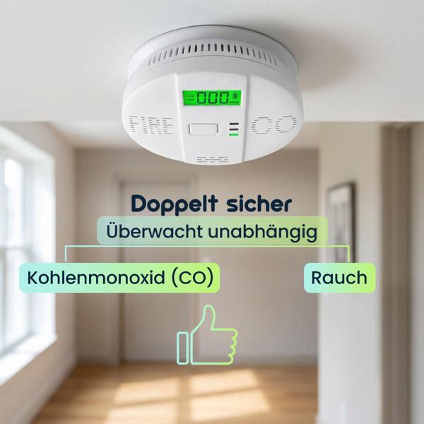 Sicherer CO & Rauchmelder Kombigerät Air-Guard Duo, 85dB. Zuverlässiger Brand- & Kohlenmonoxidalarm mit digitalem LCD, Test- & Stummschaltfunktion