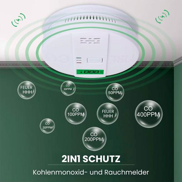 3er-Set Sicherer CO & Rauchmelder Kombigerät Air-Guard Duo, 85dB. Zuverlässiger Brand- & Kohlenmonoxidalarm mit digitalem LCD, Test- & Stummschaltfunktion
