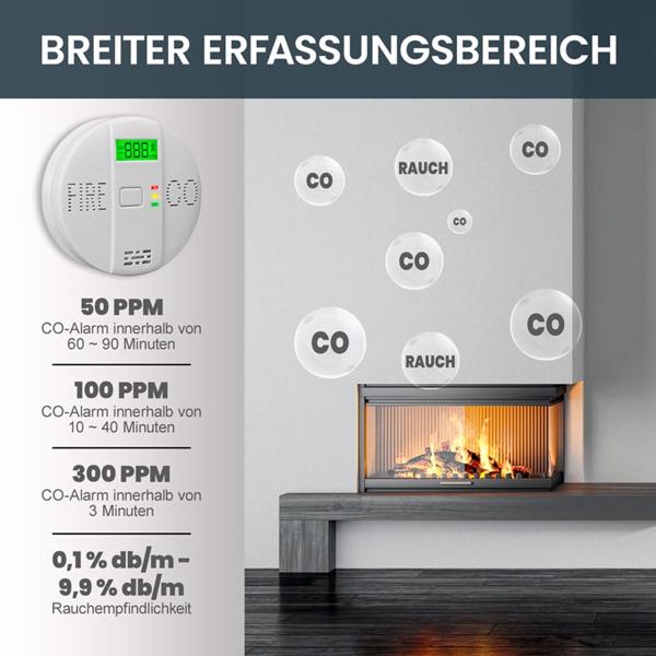 3er-Set Sicherer CO & Rauchmelder Kombigerät Air-Guard Duo, 85dB. Zuverlässiger Brand- & Kohlenmonoxidalarm mit digitalem LCD, Test- & Stummschaltfunktion