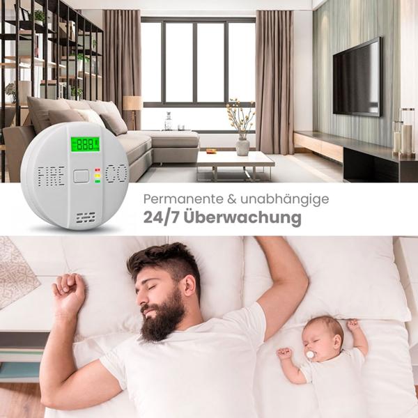 3er-Set Sicherer CO & Rauchmelder Kombigerät Air-Guard Duo, 85dB. Zuverlässiger Brand- & Kohlenmonoxidalarm mit digitalem LCD, Test- & Stummschaltfunktion