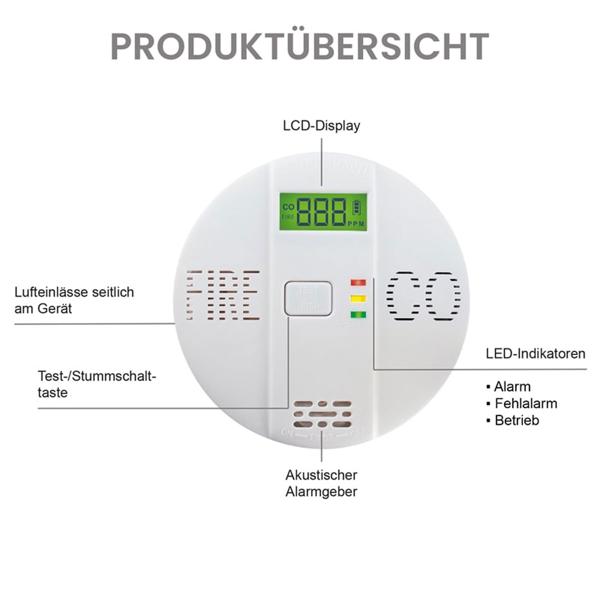 3er-Set Sicherer CO & Rauchmelder Kombigerät Air-Guard Duo, 85dB. Zuverlässiger Brand- & Kohlenmonoxidalarm mit digitalem LCD, Test- & Stummschaltfunktion