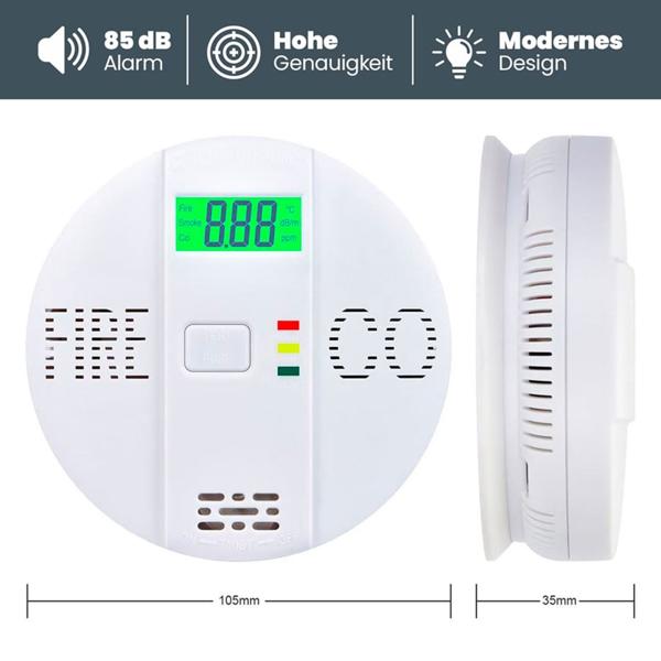 3er-Set Sicherer CO & Rauchmelder Kombigerät Air-Guard Duo, 85dB. Zuverlässiger Brand- & Kohlenmonoxidalarm mit digitalem LCD, Test- & Stummschaltfunktion