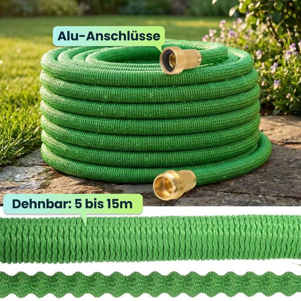 Dehnbarer Gartenschlauch 5 bis 15m mit Alu-Anschlüssen, Flexibler Wasserschlauch UV-beständig, 3-fache Ausdehnung, 3/4 Zoll Gold-Aluminium Gewinde