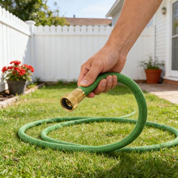 Tuyau d’arrosage extensible 5 à 15 m avec raccords en aluminium, tuyau d’eau flexible résistant aux UV, allongement x3, filetages en aluminium doré 3/4 pouce