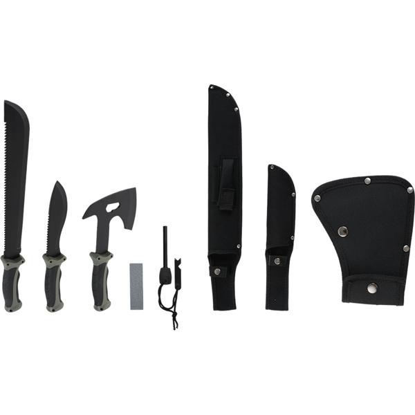 Survival Set - Beil, Messer & Machete mit 3 Gürtelscheiden, Wetzstein & Profi-Feuerstahl inklusive Flaschenöffner und Messskala für Outdoor