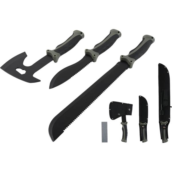 Survival Set - Beil, Messer & Machete mit 3 Gürtelscheiden, Wetzstein & Profi-Feuerstahl inklusive Flaschenöffner und Messskala für Outdoor