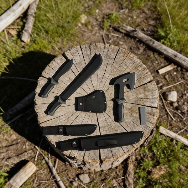 Survival Set - Beil, Messer & Machete mit 3 Gürtelscheiden, Wetzstein & Profi-Feuerstahl inklusive Flaschenöffner und Messskala für Outdoor