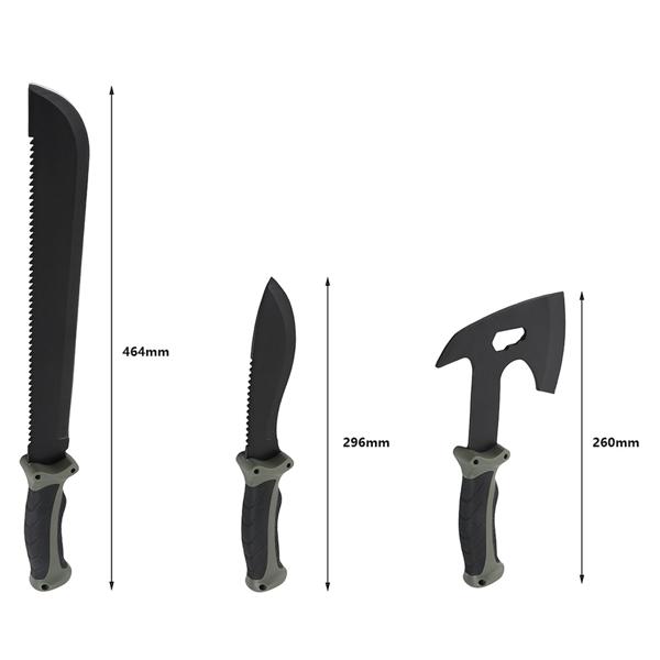 Survival Set - Beil, Messer & Machete mit 3 Gürtelscheiden, Wetzstein & Profi-Feuerstahl inklusive Flaschenöffner und Messskala für Outdoor