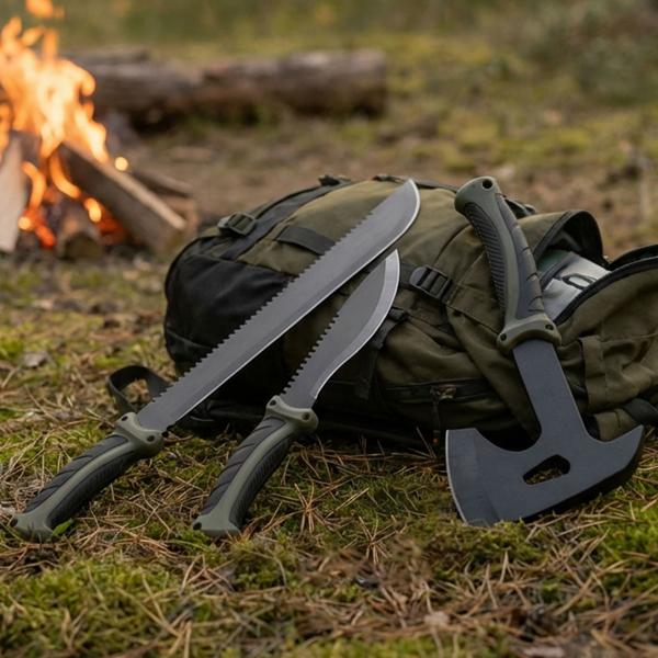 Survival Set - Beil, Messer & Machete mit 3 Gürtelscheiden, Wetzstein & Profi-Feuerstahl inklusive Flaschenöffner und Messskala für Outdoor