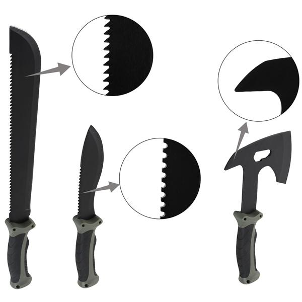 Survival Set - Beil, Messer & Machete mit 3 Gürtelscheiden, Wetzstein & Profi-Feuerstahl inklusive Flaschenöffner und Messskala für Outdoor