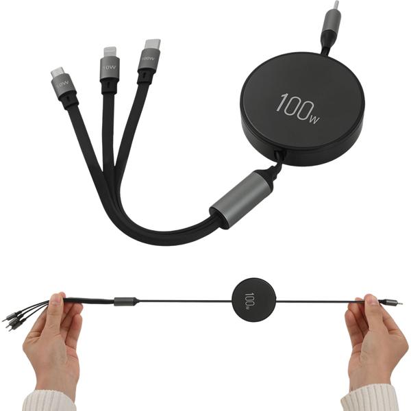 4er-Set 3in1 Roll-Ladekabel: 100W Power für Android & iPhone. 1m ausziehbar, extrem robust & ohne Kabelsalat - USB-C Lightning Micro Schnellladekabel