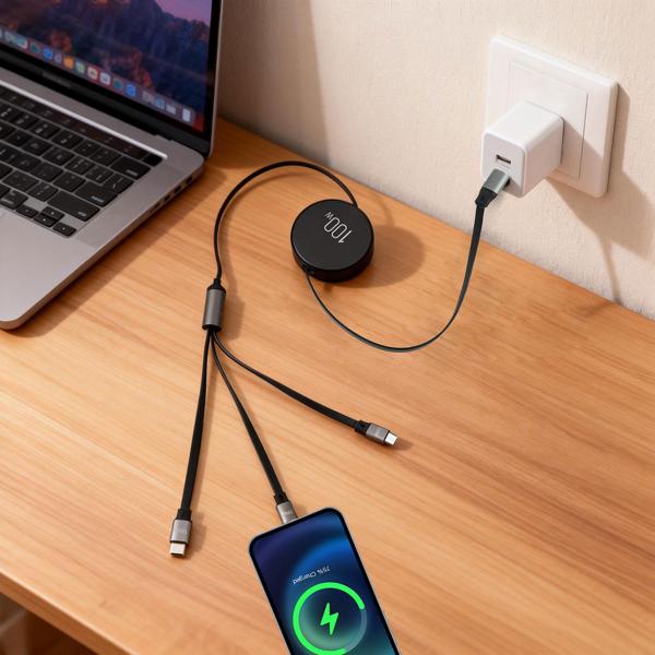 4er-Set 3in1 Roll-Ladekabel: 100W Power für Android & iPhone. 1m ausziehbar, extrem robust & ohne Kabelsalat - USB-C Lightning Micro Schnellladekabel