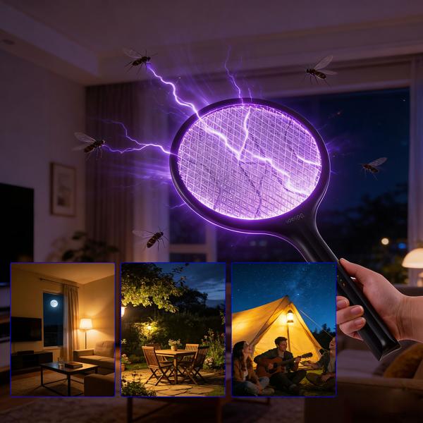 Set of 2 electric fly swatters with battery & UV light – mosquito catcher for optional stationary operation, with protective grid & USB-C port