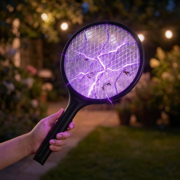 Electric fly swatter with rechargeable battery & UV light – mosquito catcher for optional stationary use, with protective grid & USB-C port