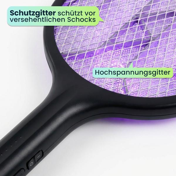 Elektrische Fliegenklatsche mit Akku & UV-Licht - Mückenfänger für optionalen stationären Betrieb, mit Schutzgitter & USB-C Anschluss