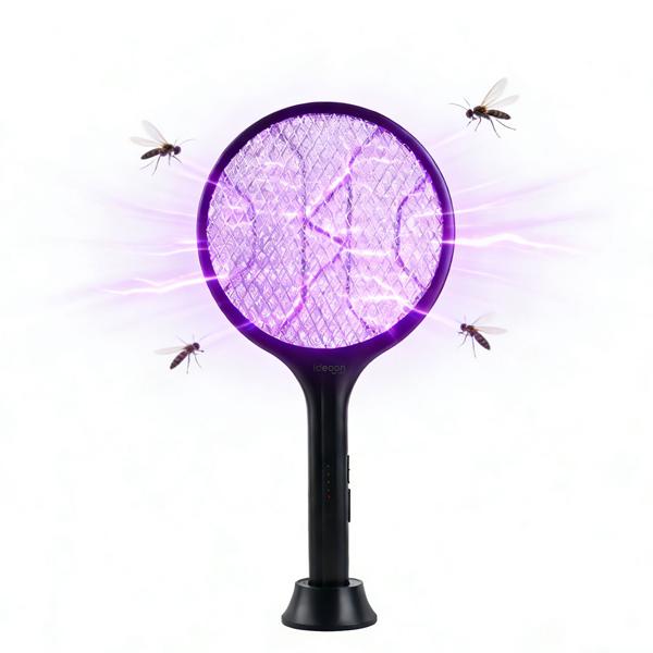 Set of 2 electric fly swatters with battery & UV light – mosquito catcher for optional stationary operation, with protective grid & USB-C port