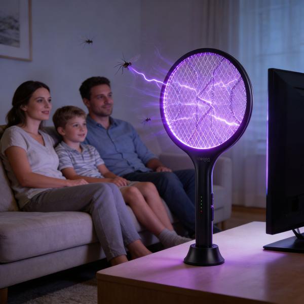 Set of 2 electric fly swatters with battery & UV light – mosquito catcher for optional stationary operation, with protective grid & USB-C port