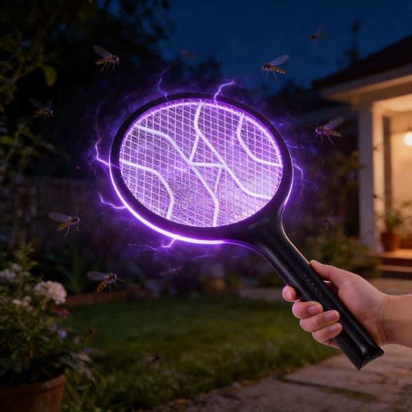 Set of 2 electric fly swatters with battery & UV light – mosquito catcher for optional stationary operation, with protective grid & USB-C port