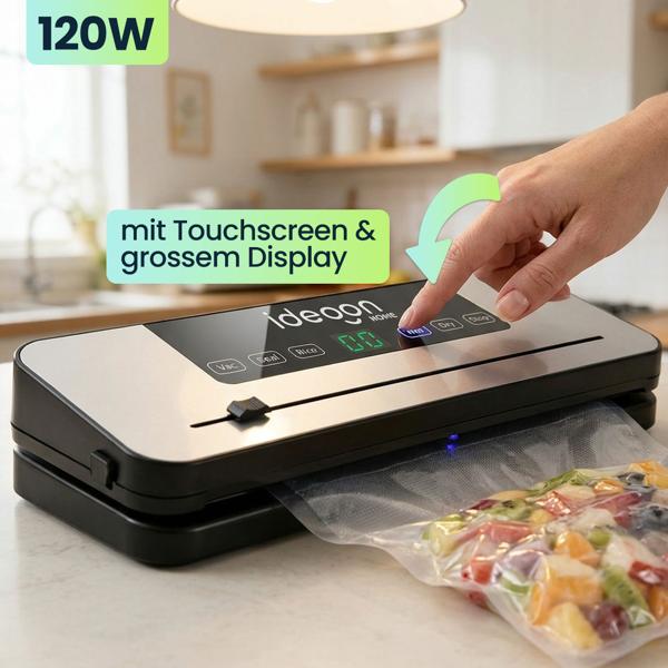 Vakuumiergerät 120W mit Touchscreen & grossem Display - Inklusive 3m Folienrolle, 65 kPa Saugkraft & einfacher Bedienung für langanhaltende Frische