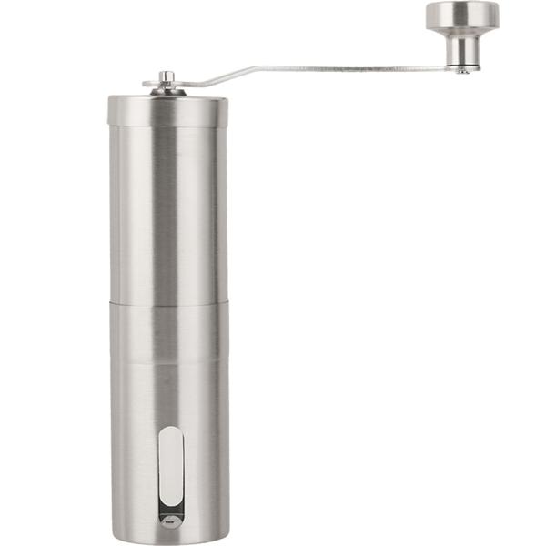 Robust stainless steel hand coffee grinder with ceramic grinding mechanism, stepless grind adjustment, removable handle, manual coffee grinder for espresso & filter coffee