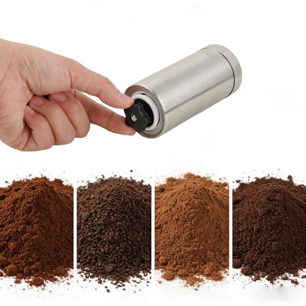 Robust stainless steel hand coffee grinder with ceramic grinding mechanism, stepless grind adjustment, removable handle, manual coffee grinder for espresso & filter coffee
